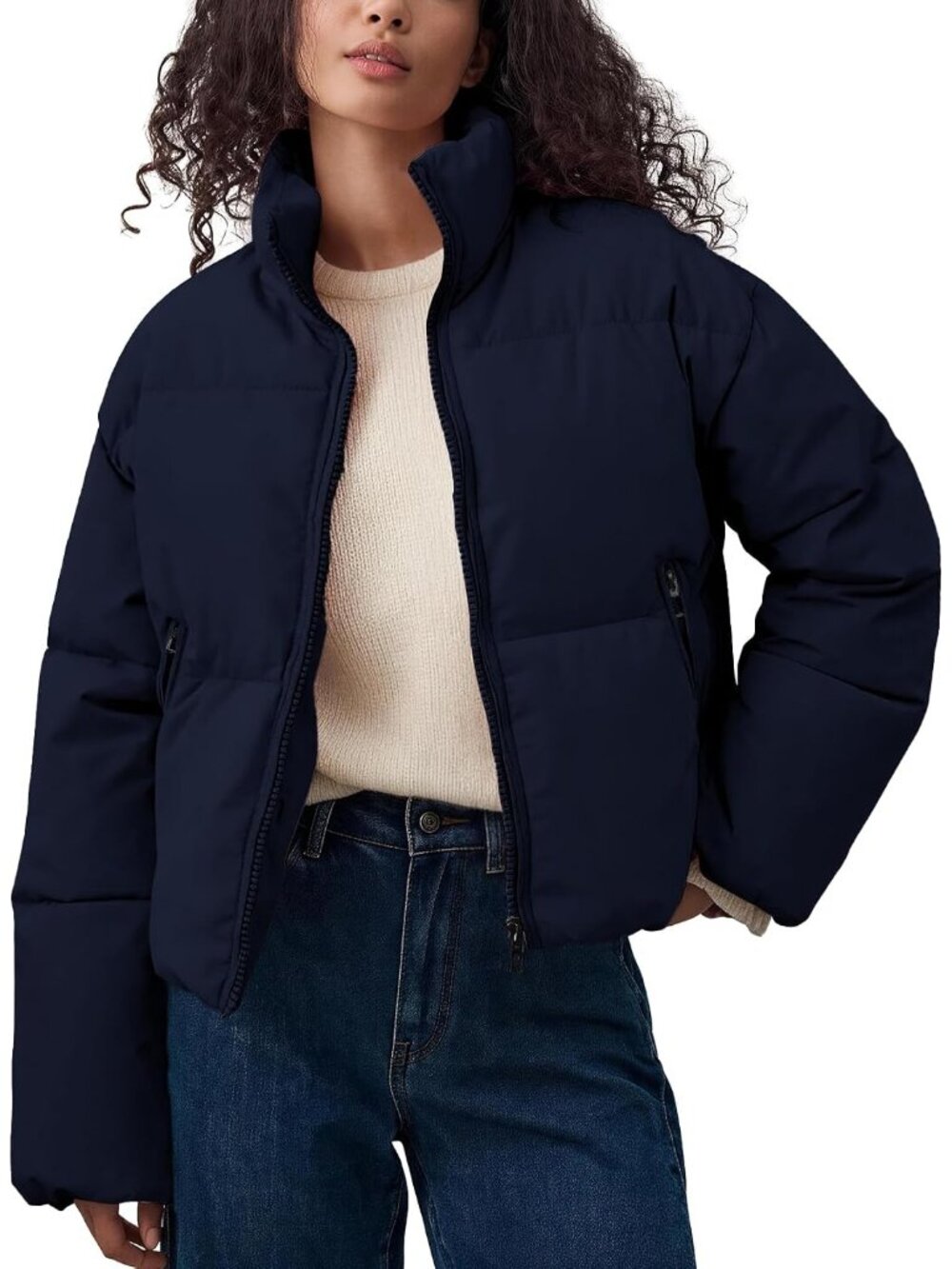 Women's Navy Quilted Puffer Jackets Winter Cropped Full Zip Up Warm Coats